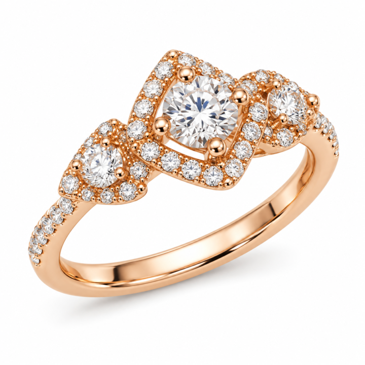 Vintage-Inspired Rose Gold Three stone Diamond Halo Ring