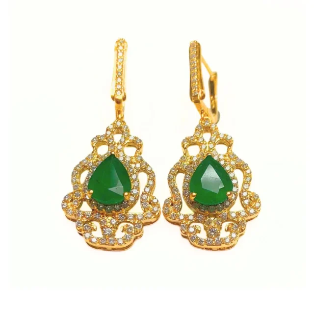Teardrop Emerald  and Diamond Filigree Drop Earrings