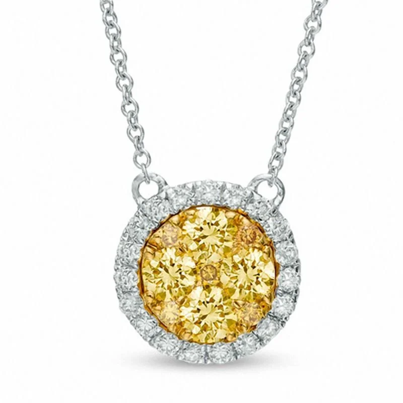 Yellow Diamond Cluster Halo Pendant Necklace