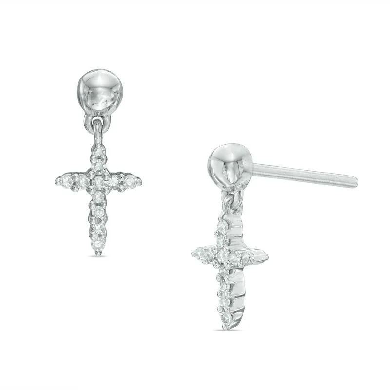Diamond Cross Drop Stud Earrings in 10K White Gold