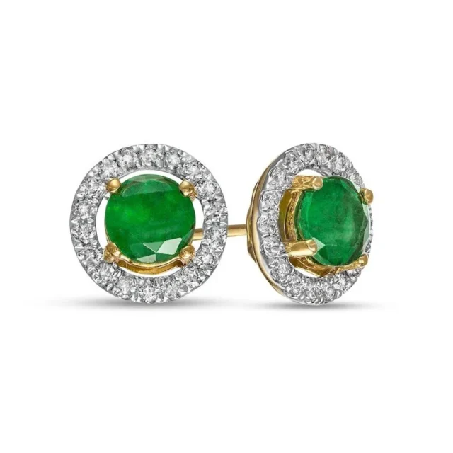 Round Emerald and Diamond Halo Stud Earrings