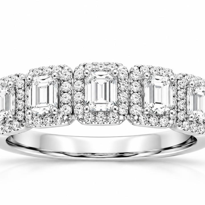 Emerald-Cut Diamond Halo Five-Stone Anniversary Band