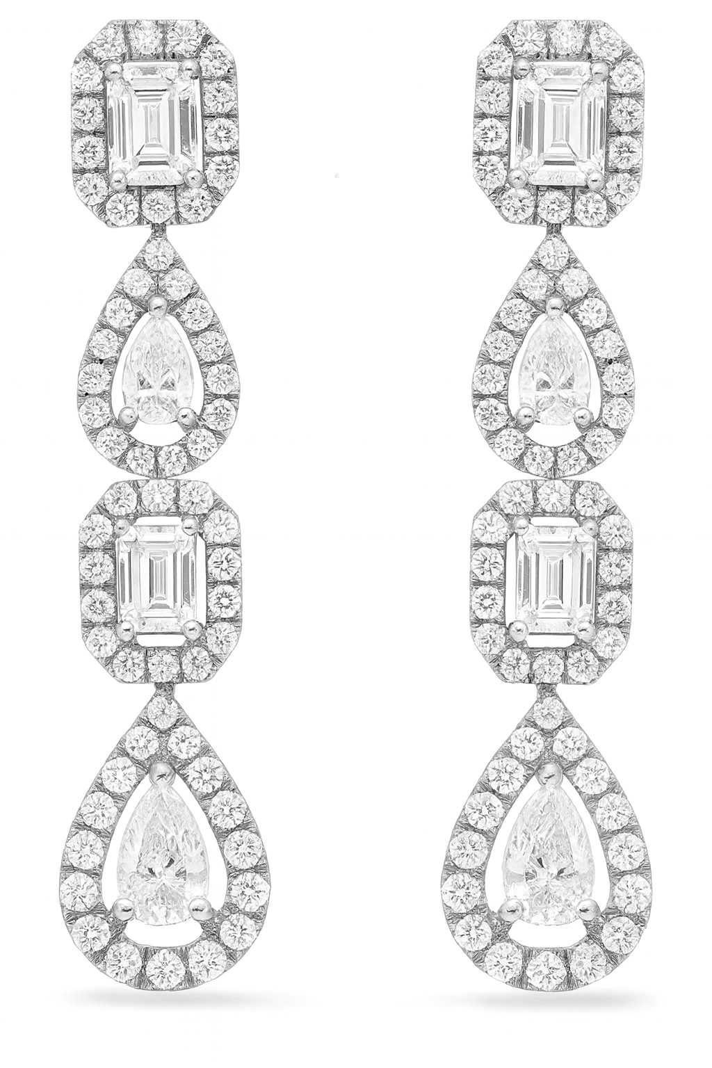 Emerald and Pear Diamond Halo Drop Earrings