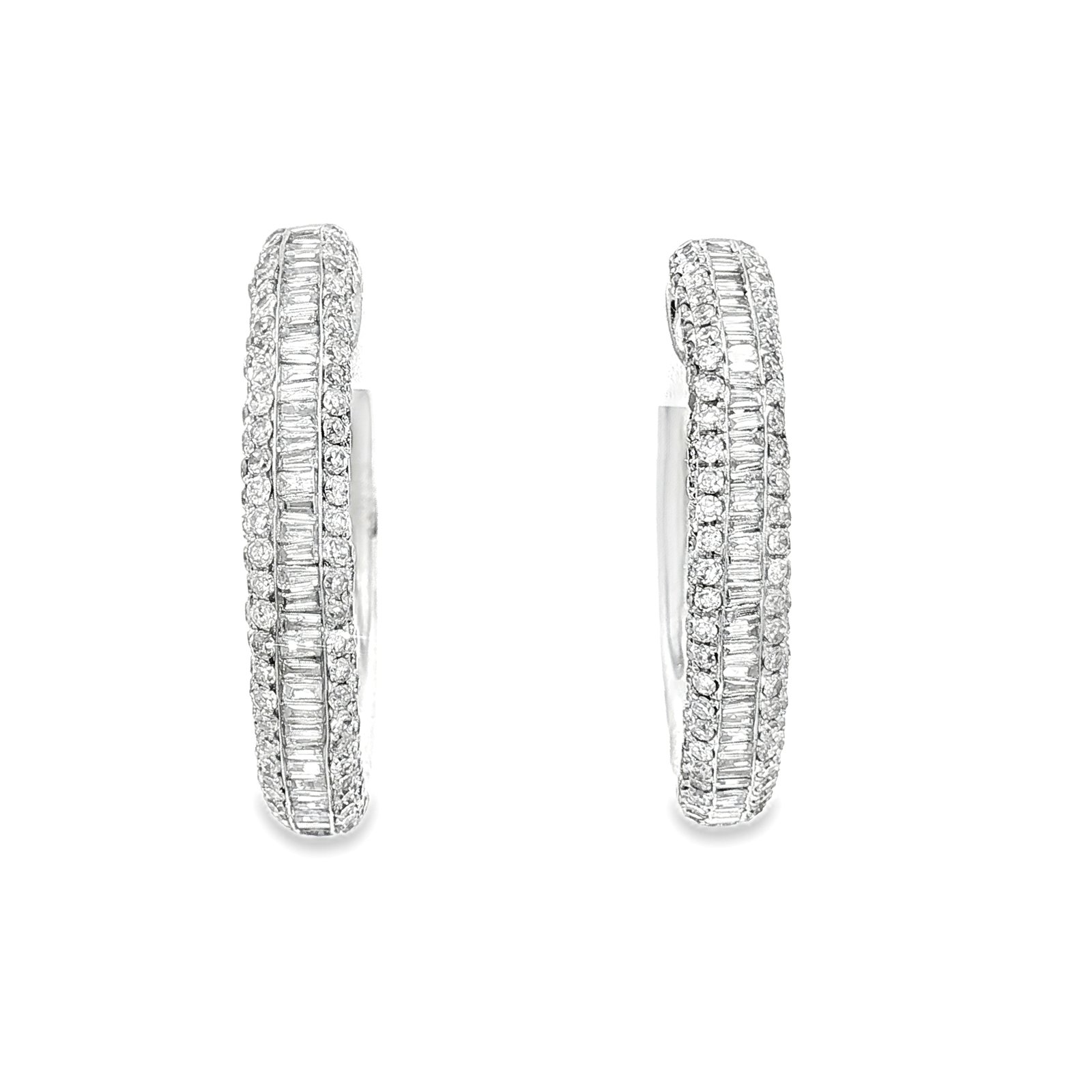 Triple Row Diamond Baguette & Round Hoop Earrings