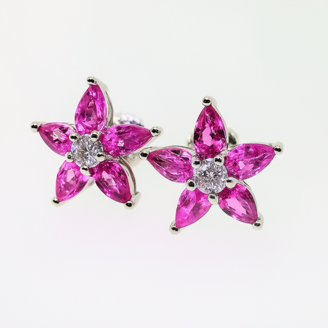 Pink Sapphire and Diamond Flower Stud Earrings