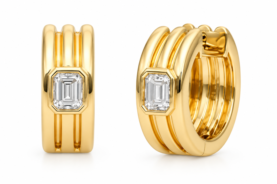 Emerald-Cut Diamond Multi-Band Huggie Hoop Earrings