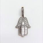 Diamond Baguette & Round Cut Hamsa Hand Pendant in Yellow Gold