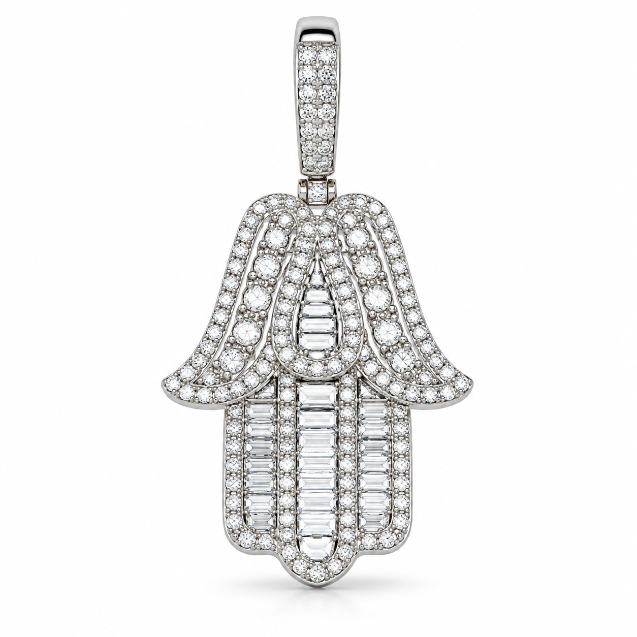 Diamond Baguette & Round Cut Hamsa Hand Pendant in Yellow Gold