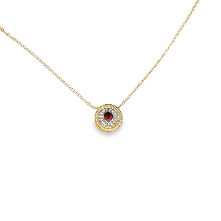 Garnet & Diamond Halo Pendant Necklace in 14K Yellow Gold
