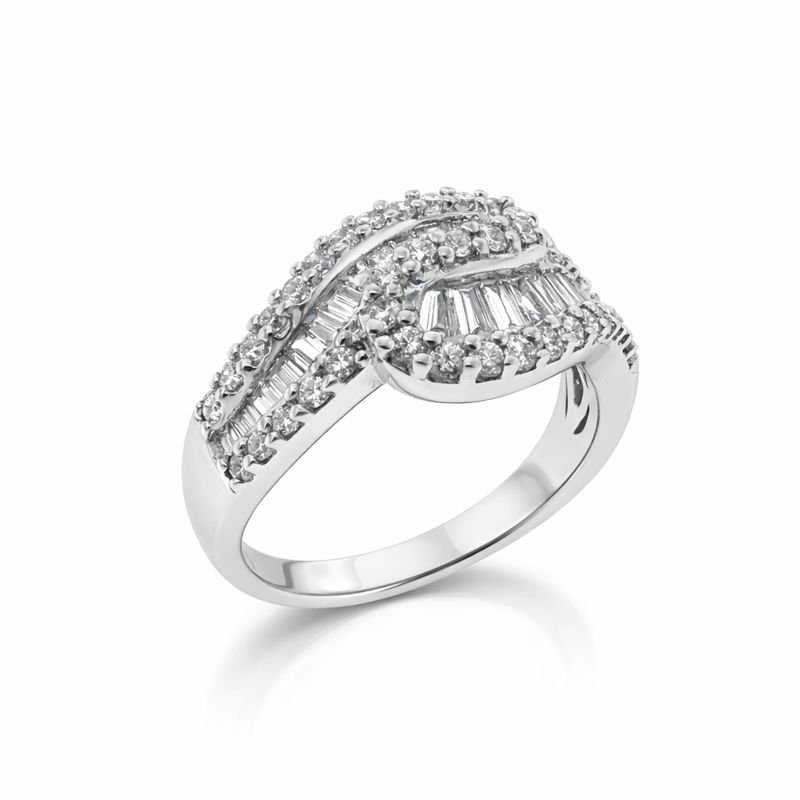 Diamond Bypass Halo Ring with Baguette & Round Accents