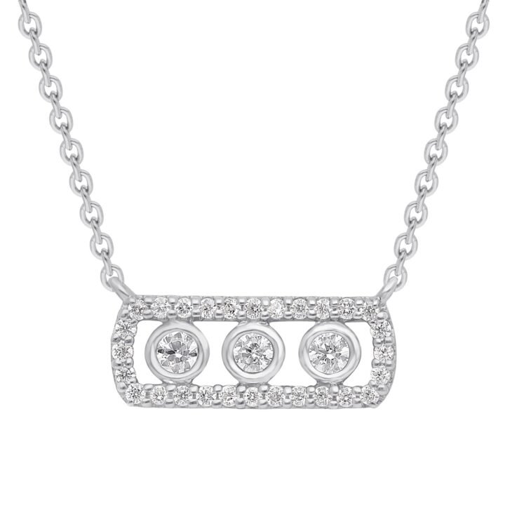 Bezel-Set Three Diamond Bar Necklace with Pavé Frame