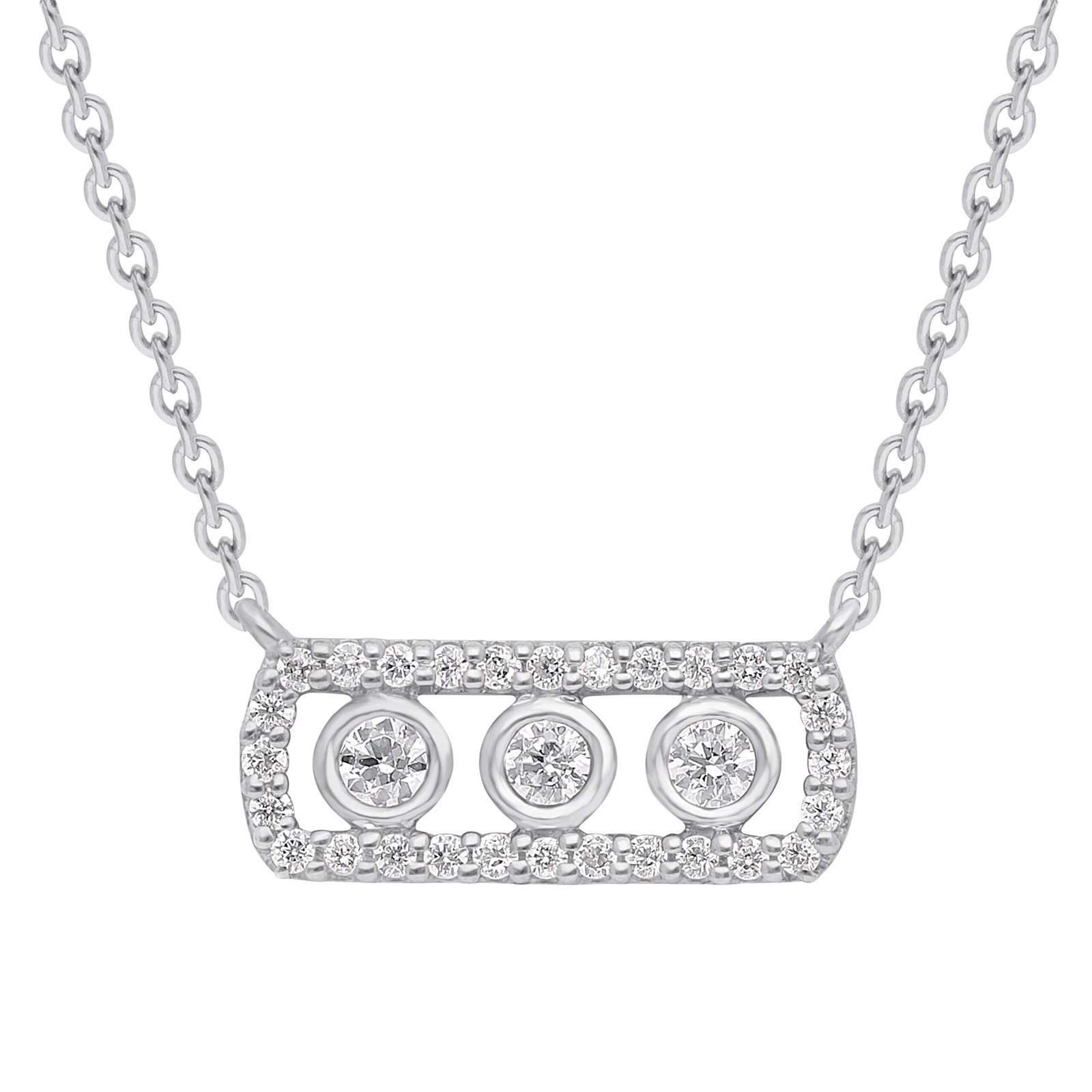Bezel-Set Three Diamond Bar Necklace with Pavé Frame