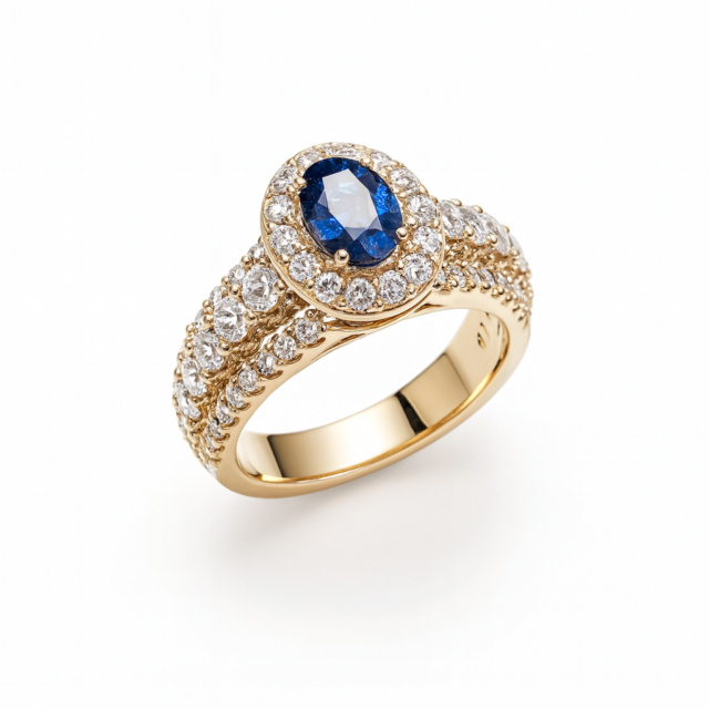 Oval Blue Sapphire & Diamond Halo Ring in 14K Yellow Gold
