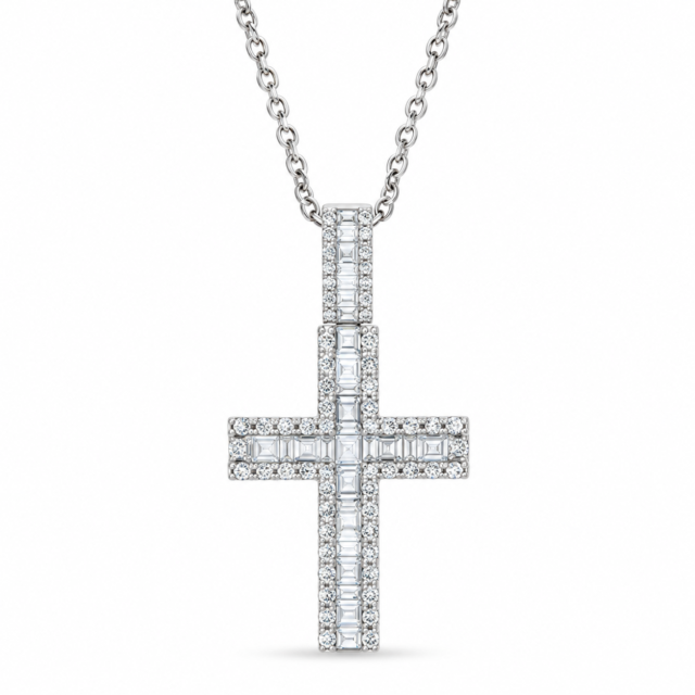 Baguette & Round Diamond Cross Pendant Necklace