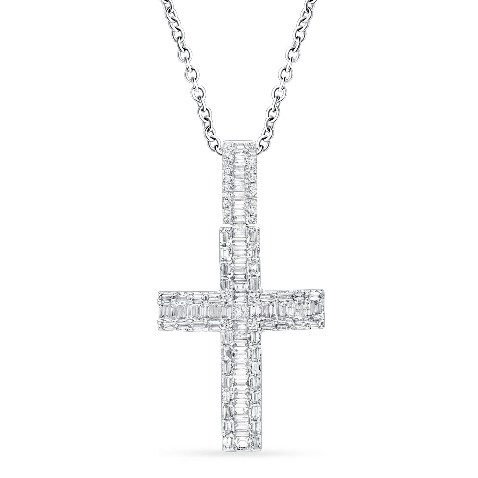 Baguette & Round Diamond Cross Pendant Necklace