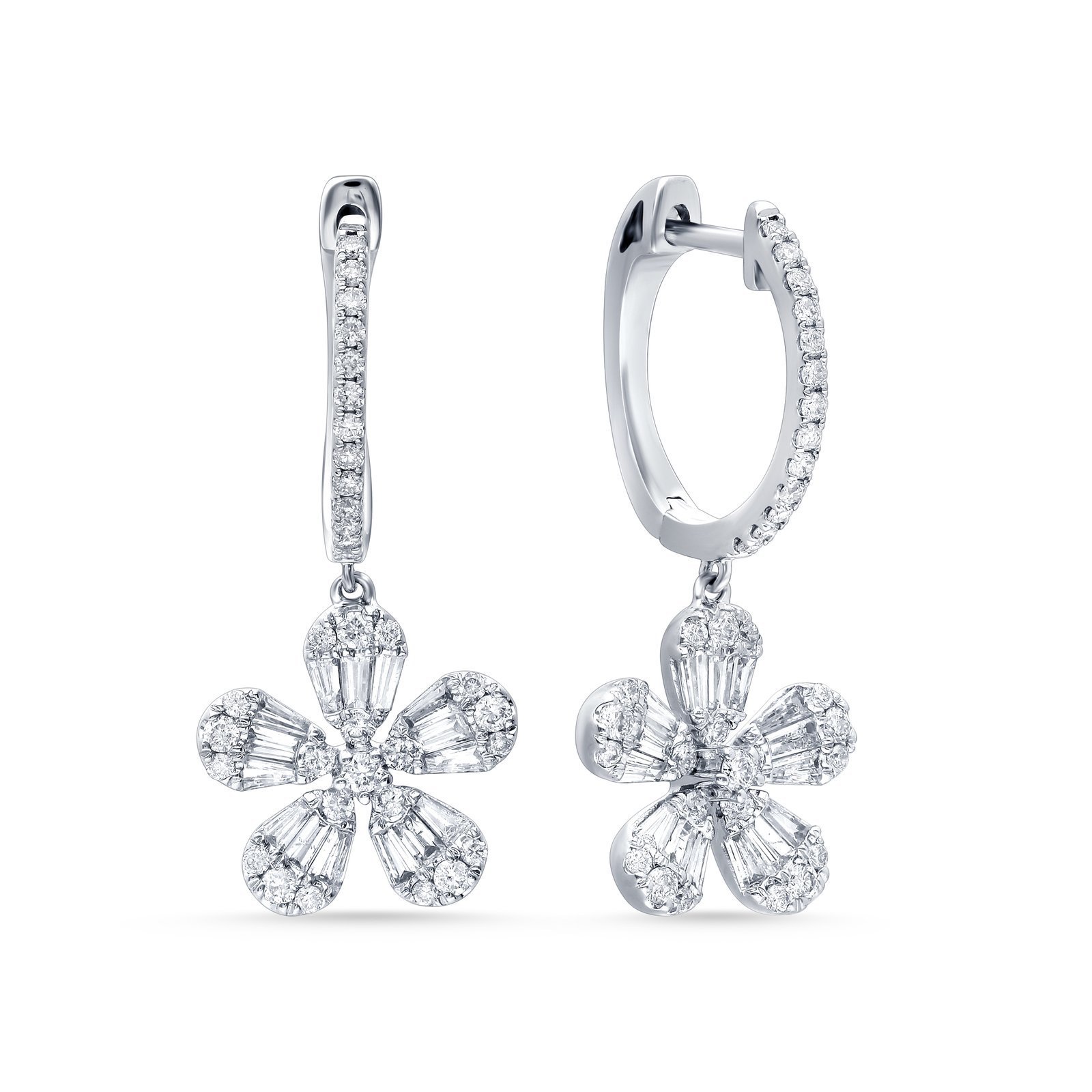 White Gold Diamond Floral Drop Hoop Earrings