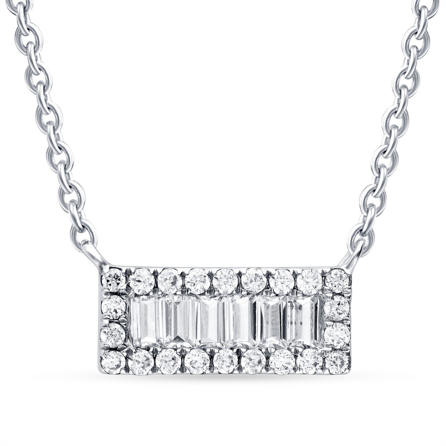 Baguette & Round Diamond Rectangle Pendant Necklace