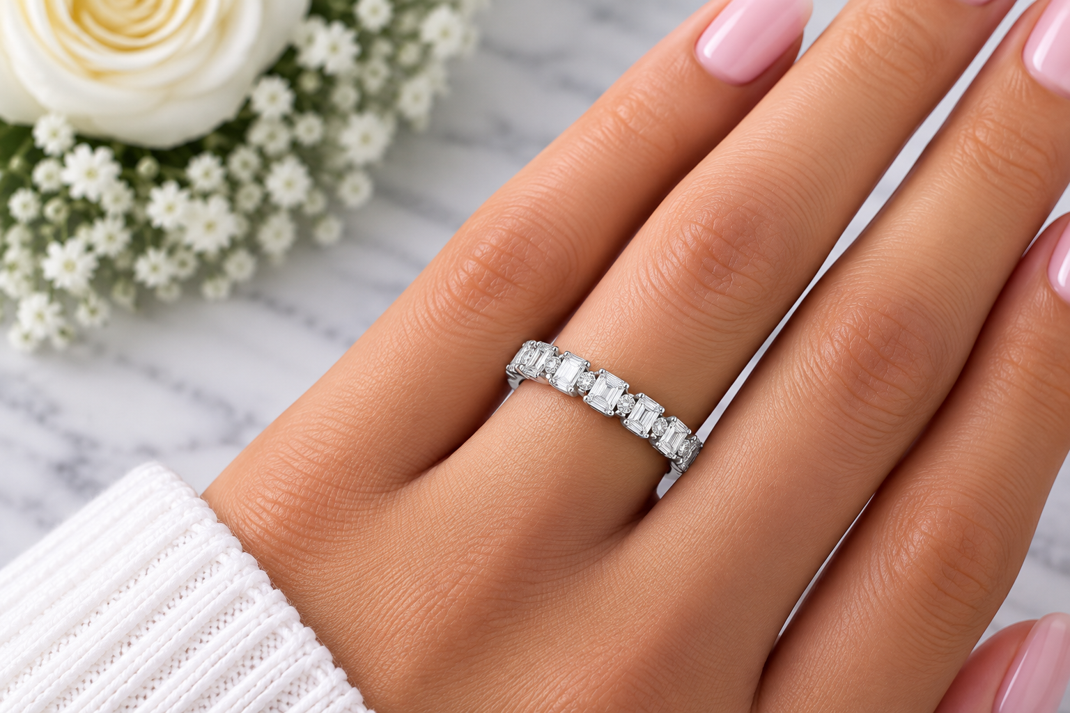 White Gold Emerald-Cut Diamond Half Eternity Band - Image 2