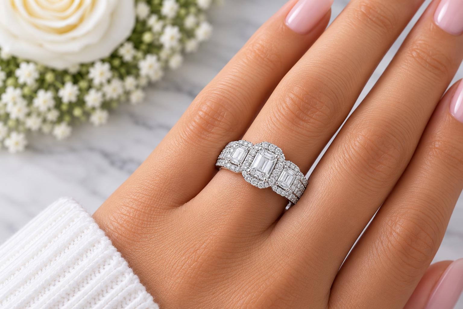 White Gold Emerald-Cut Diamond Three-Stone Ring - Image 2