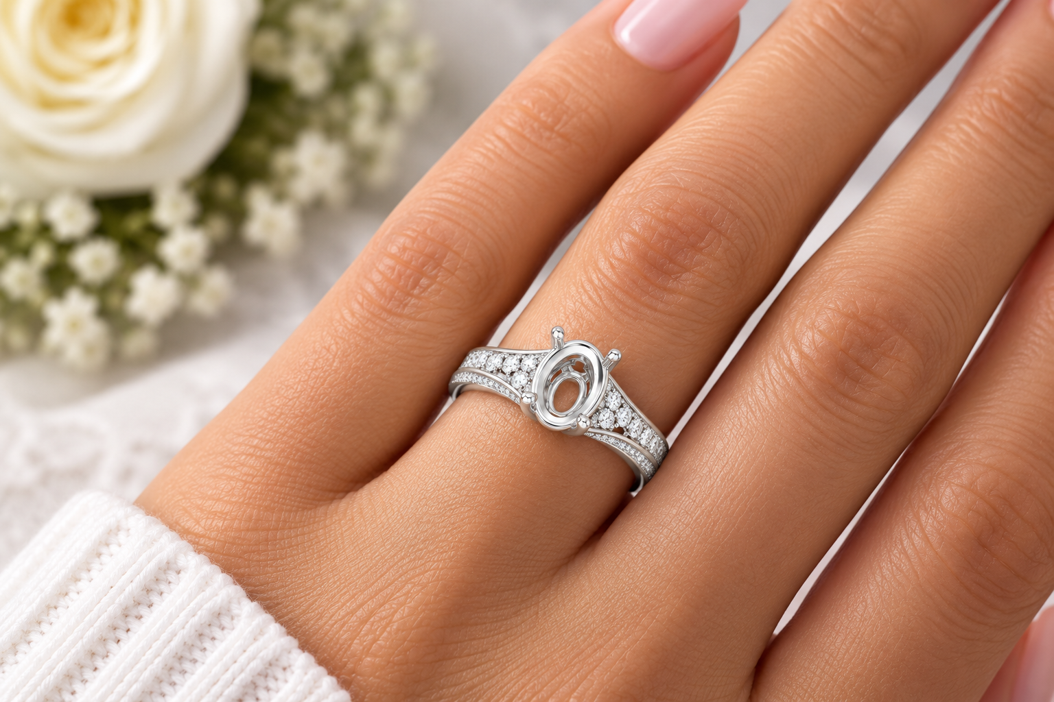 Oval Semi-Mount Engagement Ring with Pavé Shank - Image 2
