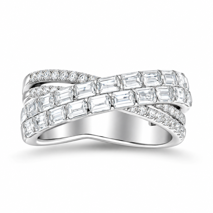 Double Row Emerald-Cut Diamond Crossover Ring