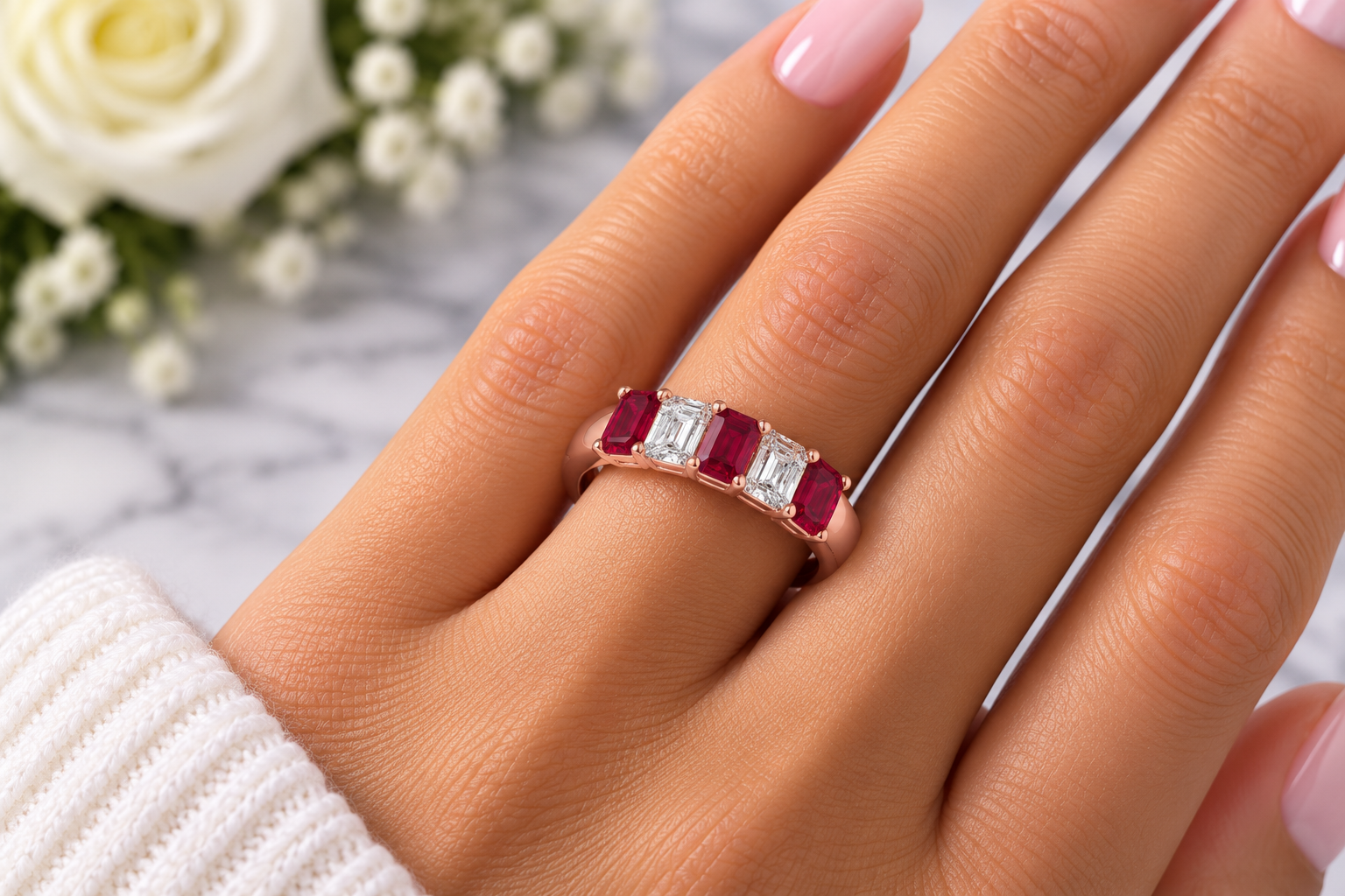Emerald-Cut Gemstone & Diamond Five-Stone Band - Image 2