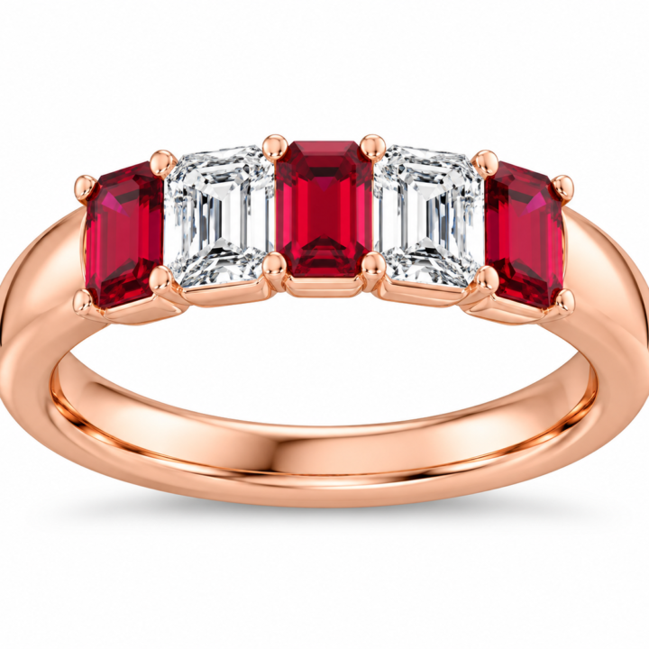 Emerald-Cut Gemstone & Diamond Five-Stone Band