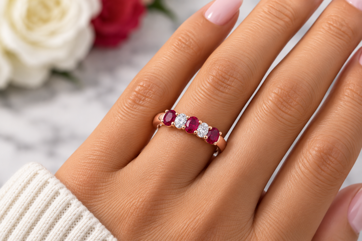 Oval Ruby & Diamond Five-Stone Band in Rose Gold - Image 2
