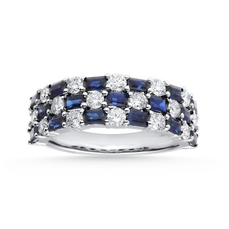 Sapphire & Diamond Three-Row Alternating Band Ring