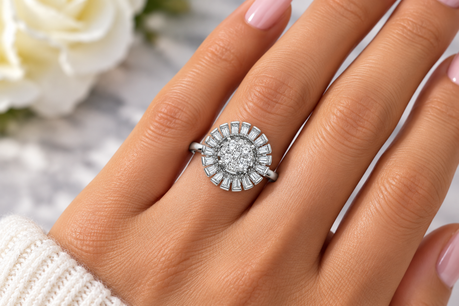 Radiant Baguette Halo Sunburst Diamond Ring - Image 2