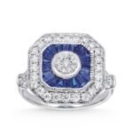 Octagonal Baguette Sapphire Halo Ring with Diamond Center