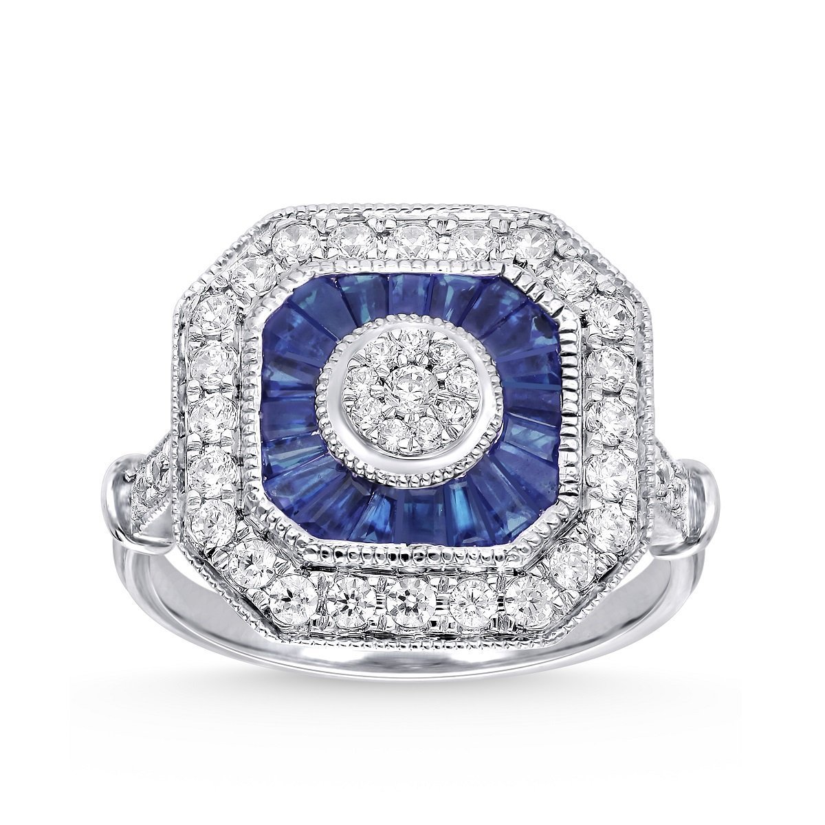 Octagonal Baguette Sapphire Halo Ring with Diamond Center