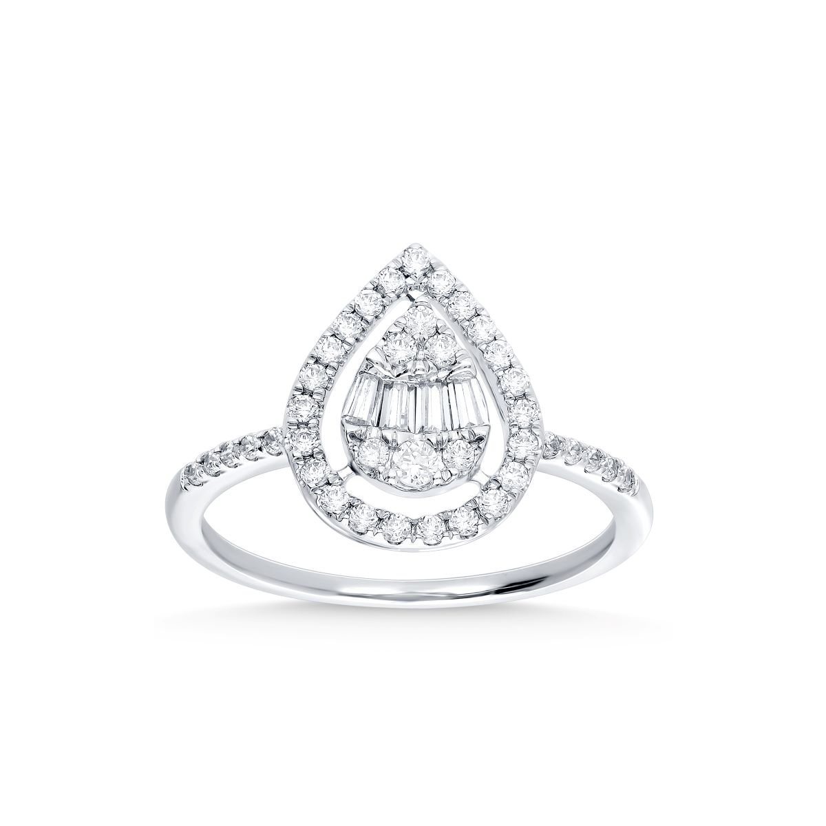 Pear-Shaped Diamond Halo Ring with Baguette Center