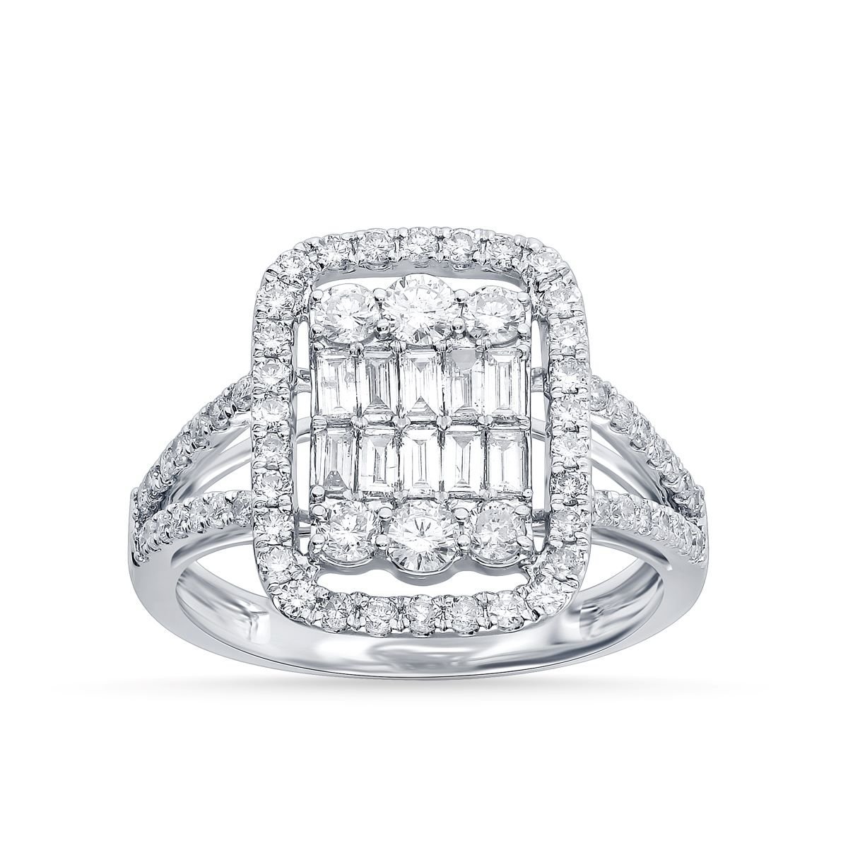 Emerald-Cut Diamond Cluster Halo Ring with Split Shank