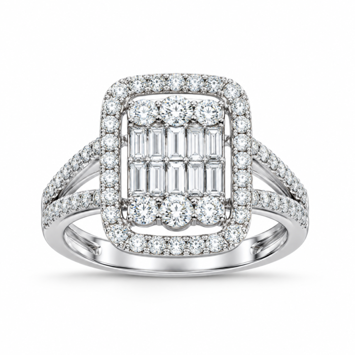 Emerald-Cut Diamond Cluster Halo Ring with Split Shank