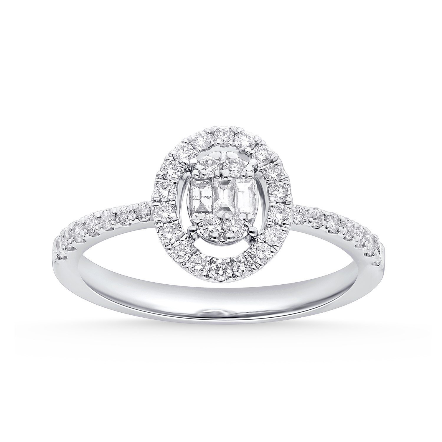 Timeless Bridal Oval Diamond Halo Ring with Baguette Center