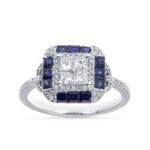 Vintage-Inspired Blue Sapphire & Diamond Square Halo Ring