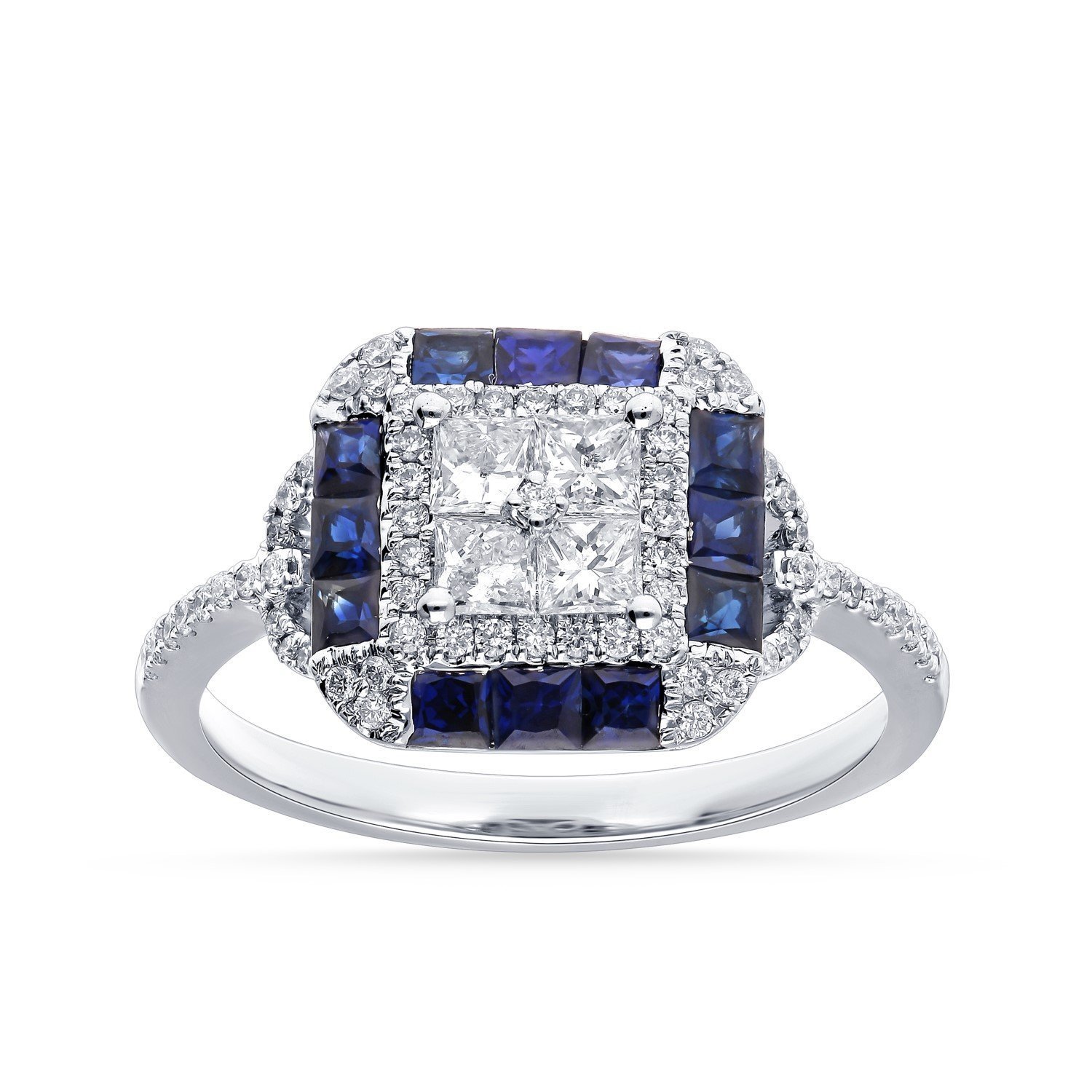 Vintage-Inspired Blue Sapphire & Diamond Square Halo Ring