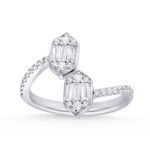 Geometric Double Shield Halo Baguette Diamond Open Bypass Ring