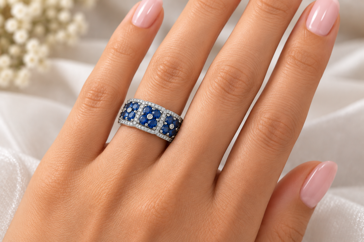 Floral Blue Sapphire & Diamond Halo Band - Image 2