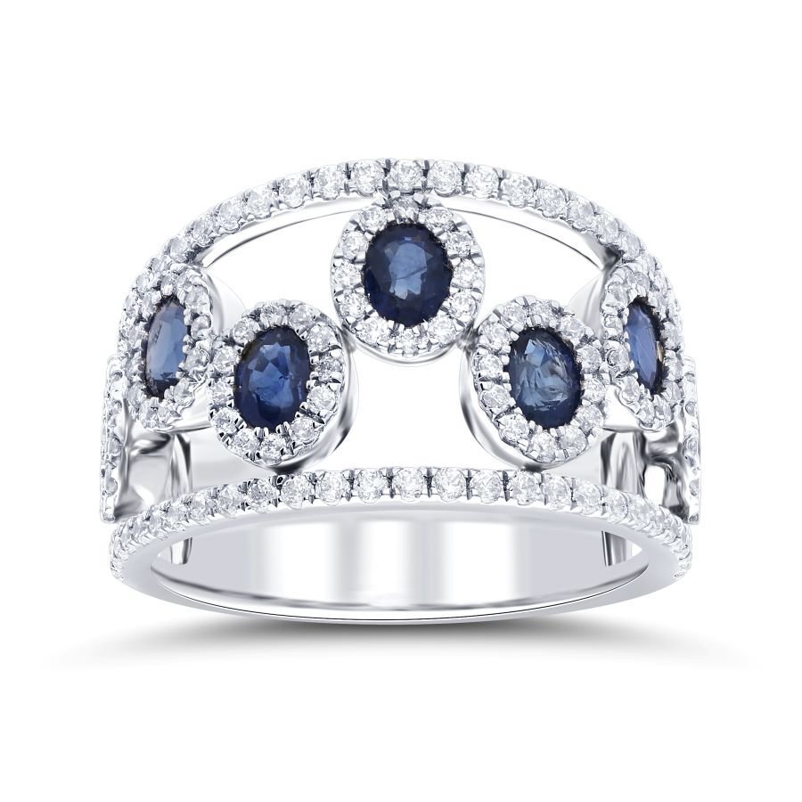 Oval Gemstone & Diamond Openwork Band in White Gold