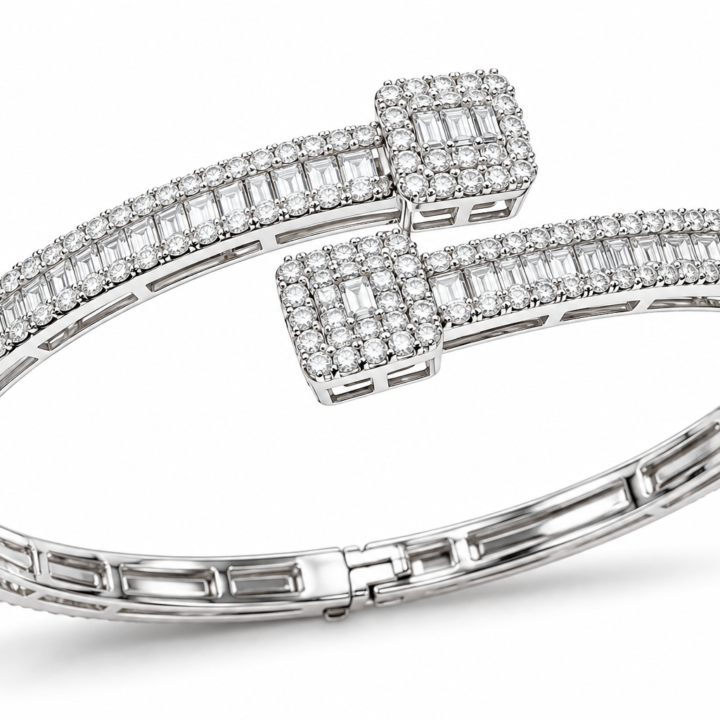 Baguette & Round Diamond Open Wrap Cuff Bracelet