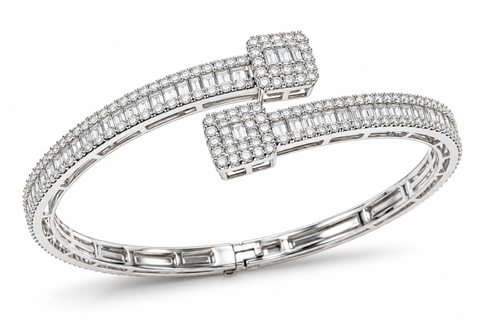 Baguette & Round Diamond Open Wrap Cuff Bracelet