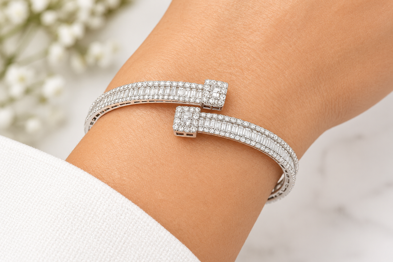 Baguette & Round Diamond Open Wrap Cuff Bracelet - Image 2