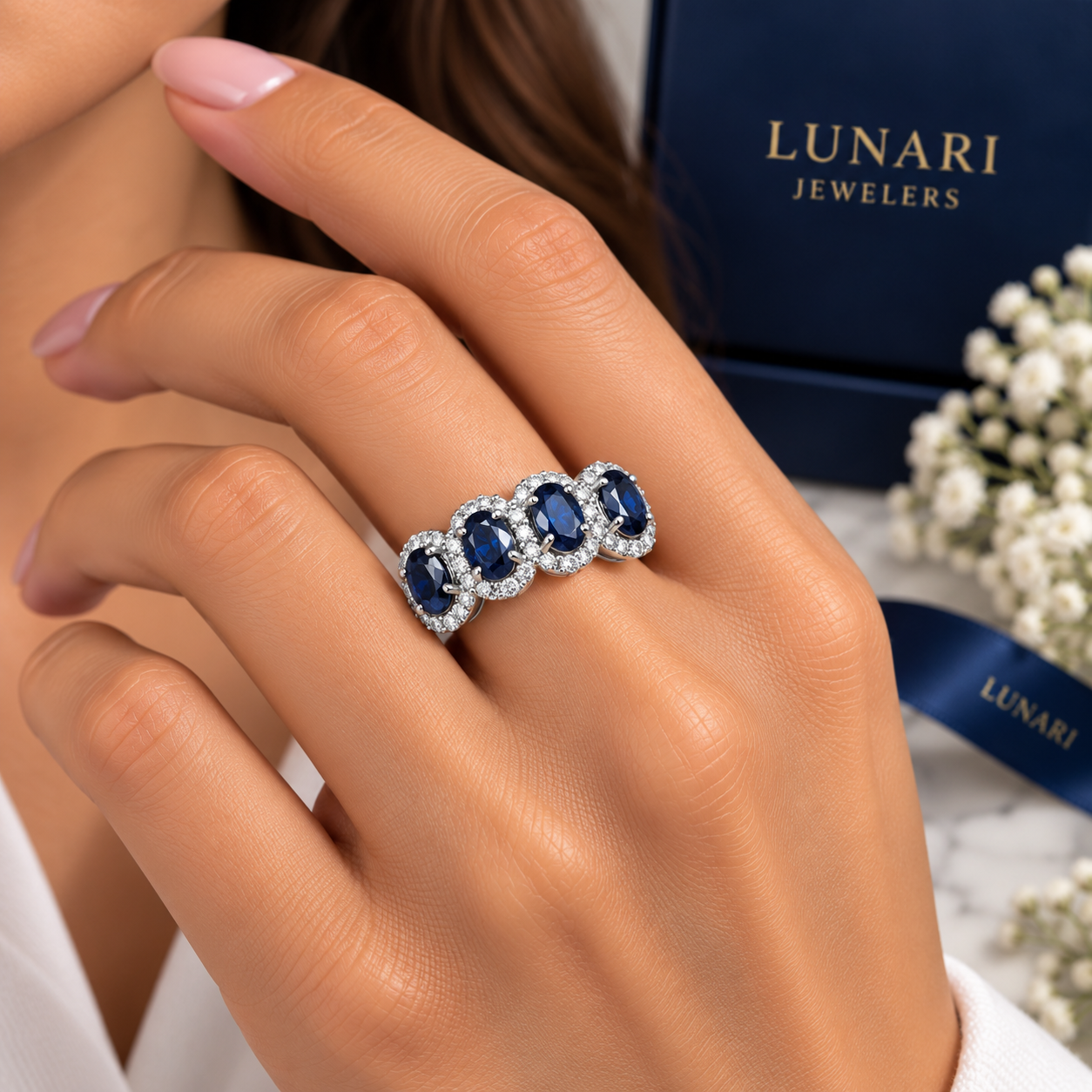 Four-Stone Oval Gemstone & Diamond Halo Ring - Image 2