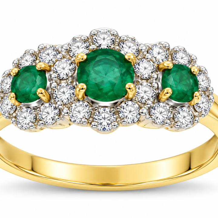 Three-Stone Gemstone & Diamond Halo Ring