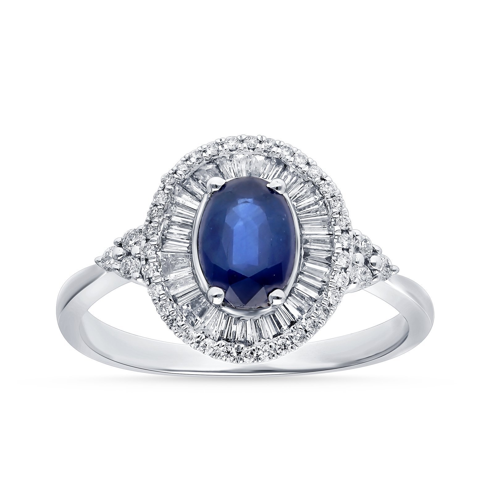 Oval Sapphire and Baguette Diamond Halo Ring