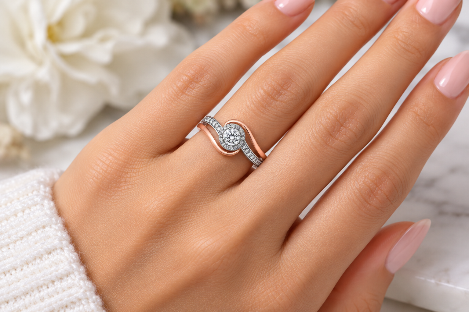 Two-Tone Swirl Diamond Halo Ring in White and Rose Gold - Image 2