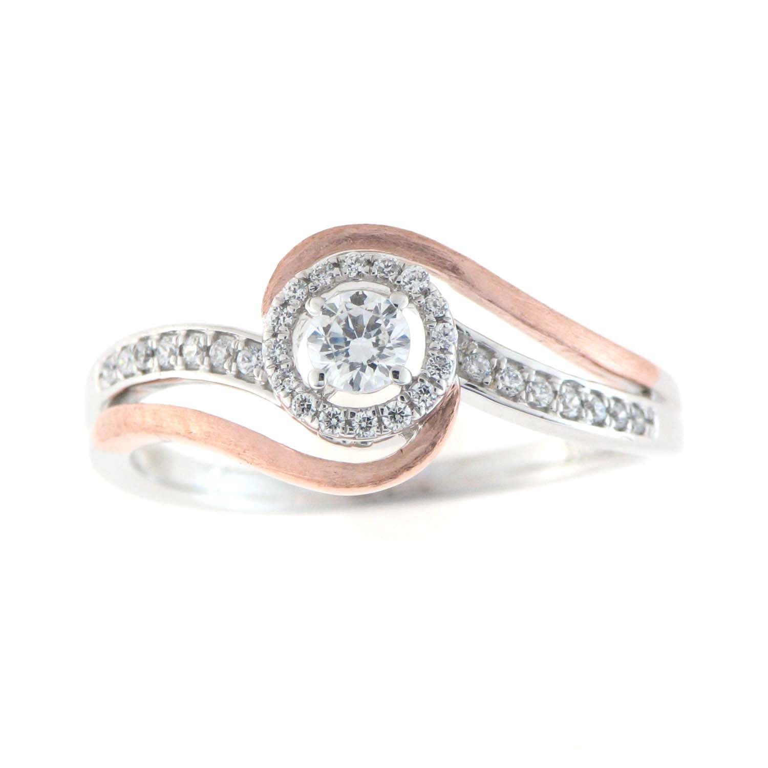 Two-Tone Swirl Diamond Halo Ring in White and Rose Gold