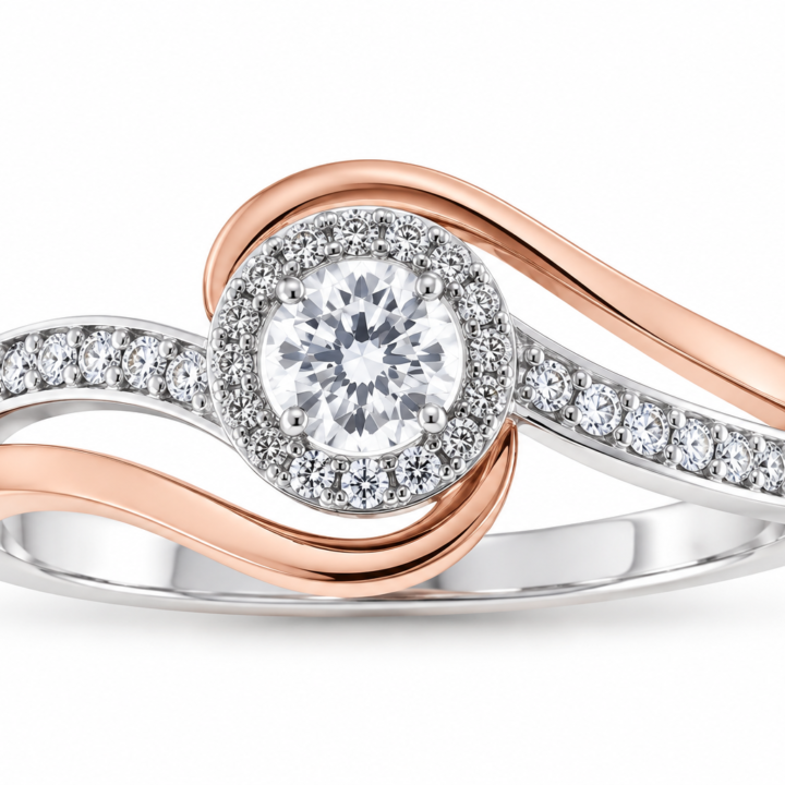 Two-Tone Swirl Diamond Halo Ring in White and Rose Gold